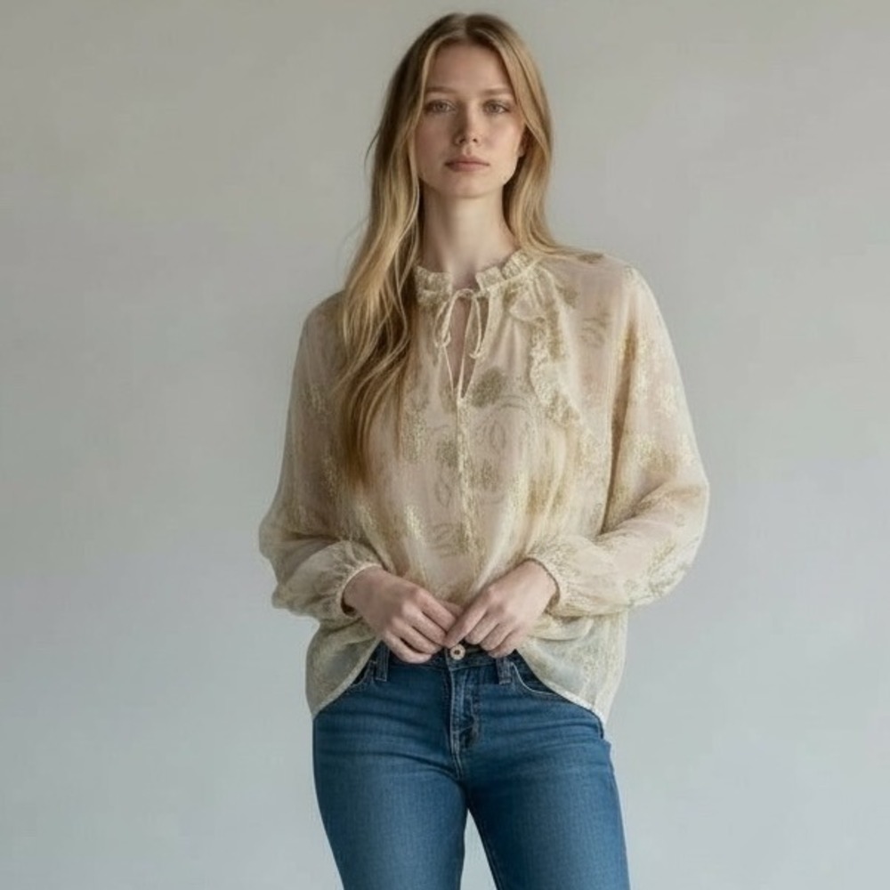 Haver + Blair London Yoryu Cream Gold Floral Sheer‎ Ruffle Tie Neck Blouse Top S